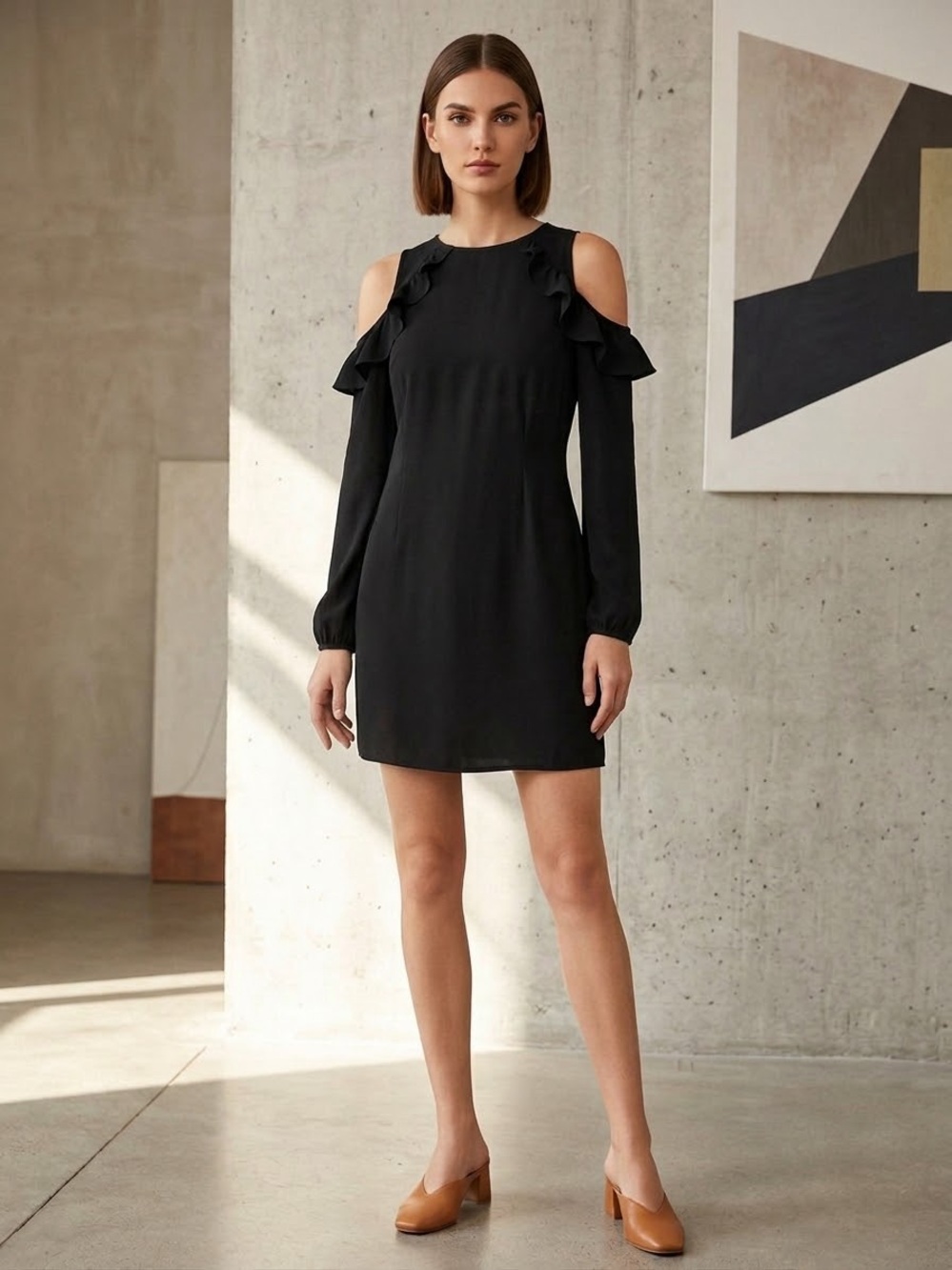Cold-Shoulder Ruffle Mini Dress in Black